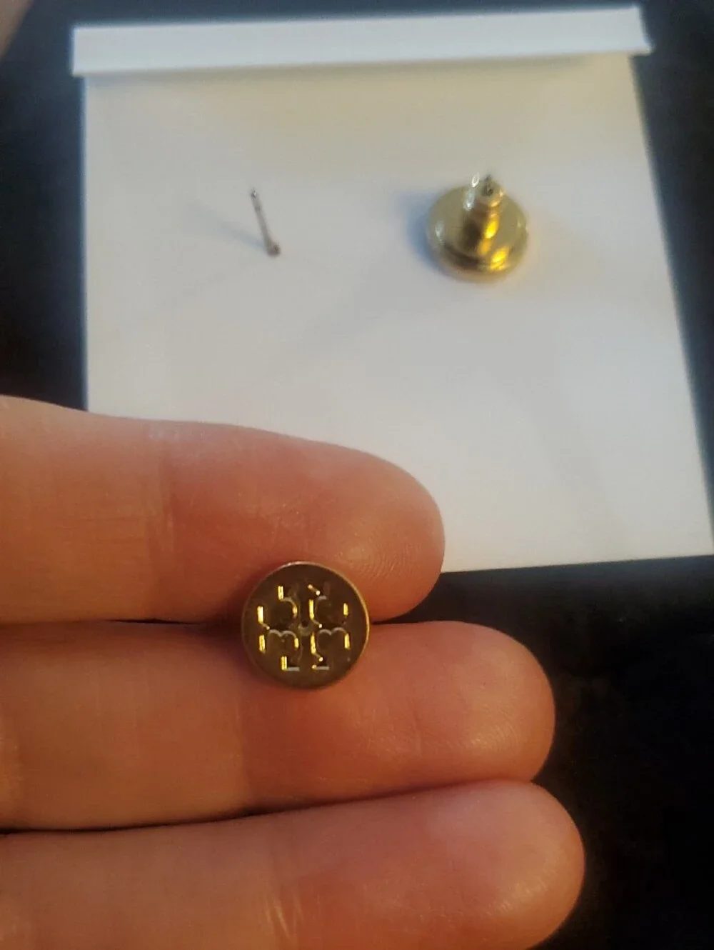 Tory Burch Green Enamel and Gold Logo Button Earrings